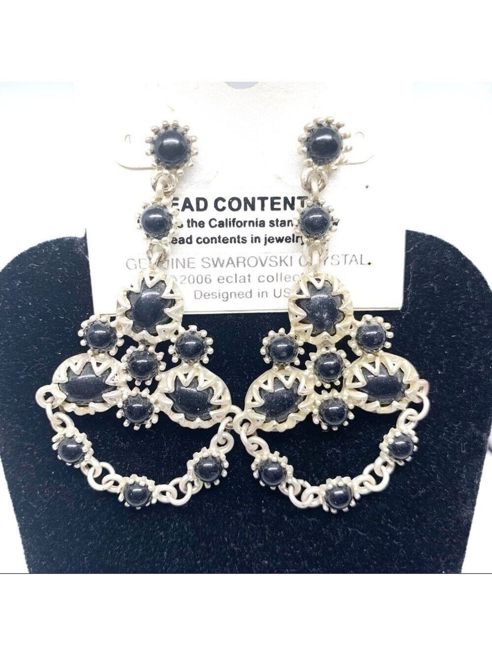 NEW-BLACK Beads/Matt Silver Chandelier Earrings